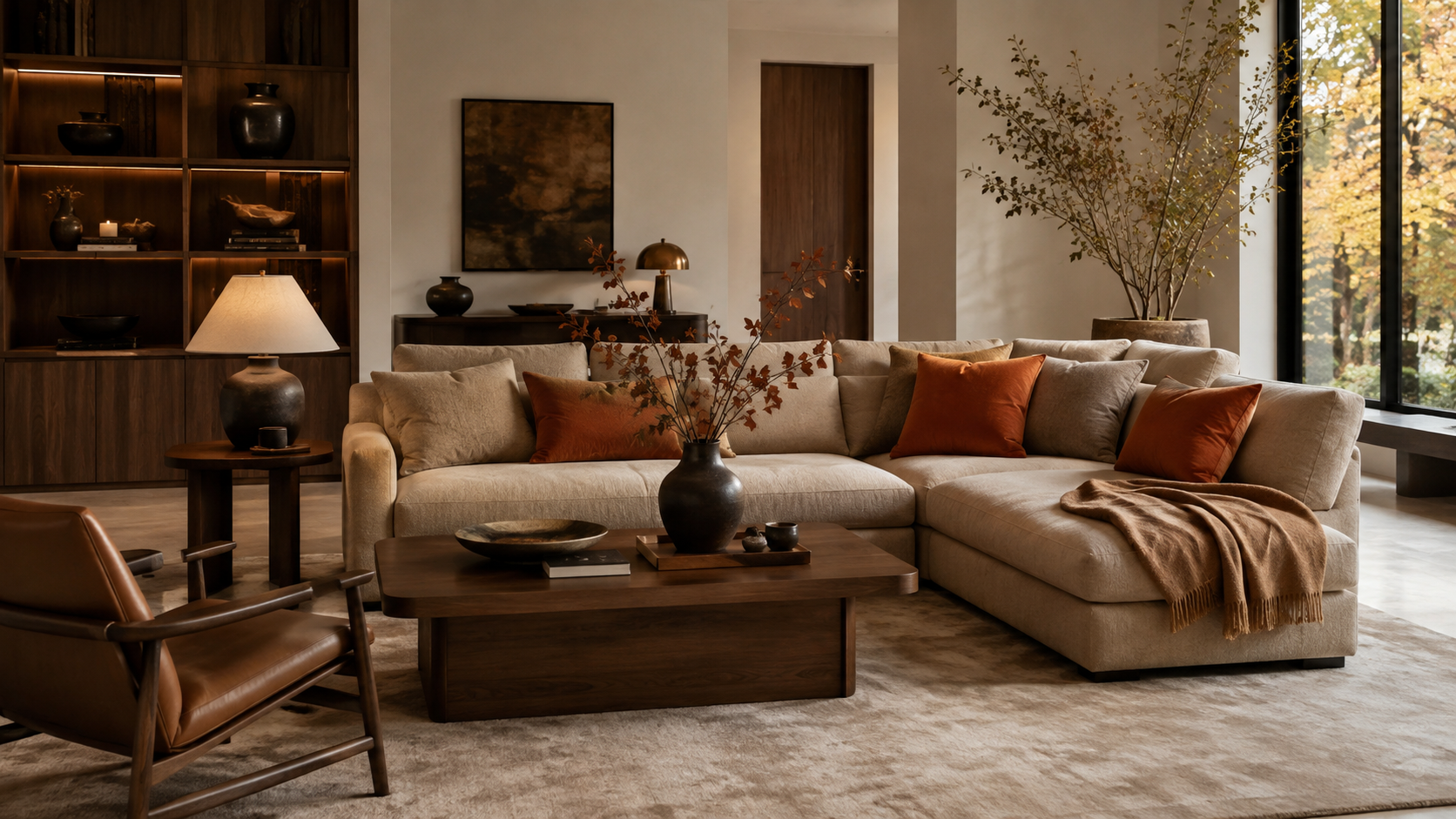 Walnut wood living room with persimmon cushions, warm beige upholstery and sophisticated ambient lighting